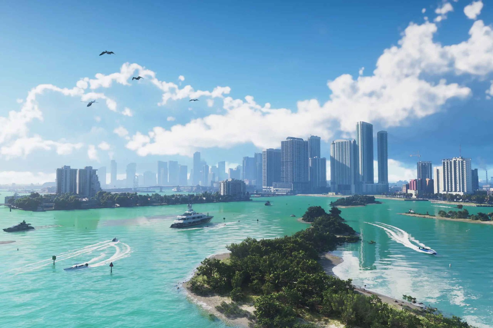 GTA 6のVice CityとLeonida湾の空撮。マイアミのスカイラインとターコイズブルーの海に浮かぶボートが見える