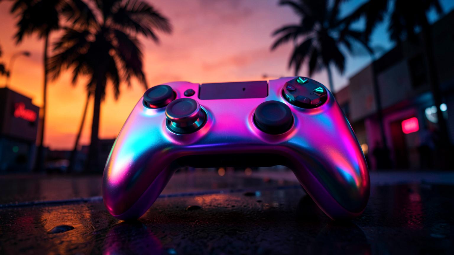 Manette de jeu à la finition irisée dans une ambiance néon de Vice City au coucher du soleil