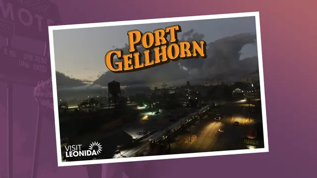 Carte postale rétro officielle GTA 6 illustrant Port Gellhorn à Leonida